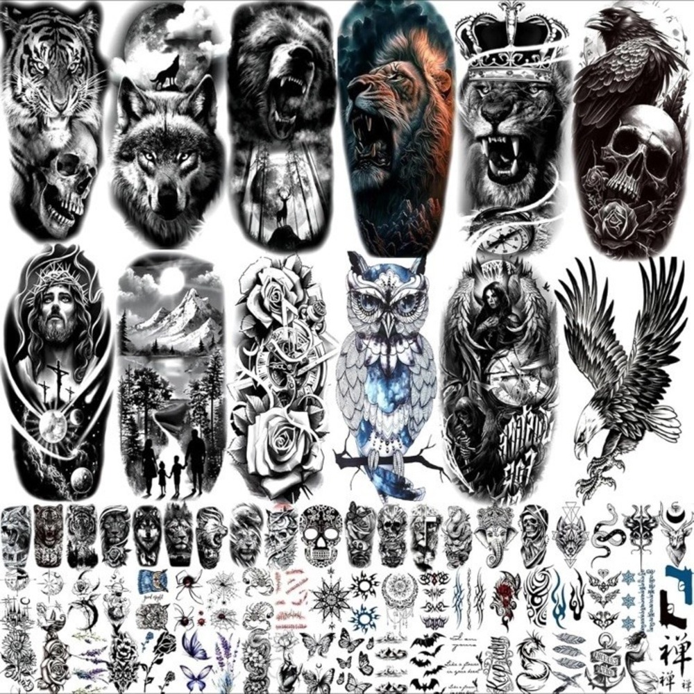 82 Sheets Temporary Tattoo Stickers Black Skull Skeleton Fake Tattoos NEW